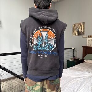 Vintage Cross Graphic Iron Workers Local 29 Sleeveless Distressed Cut Off Hoodie